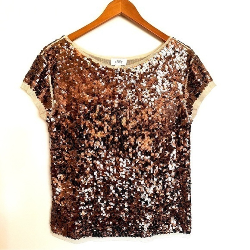 Loft Brown Sequin Short Sleeve Top Size Small